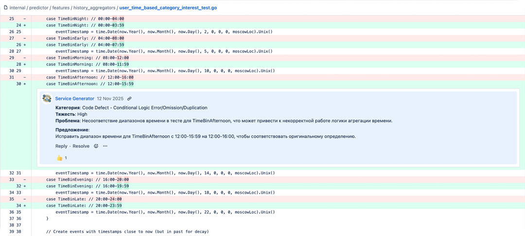 Пример генерации. В одном из пул-реквестов неправильно указали диапазон времени — не по московскому времени. Модель предложила исправить диапазон, и разработчик поставил лайк